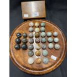 Toys & Pastimes: 19th/20th cent. Marbles with solitaire board, plus an oak trinket box.