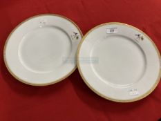 19th cent. Ceramics: Pair of dinner plates, gilt rimmed with crossed flags and Salvator makers label