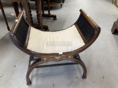 Edwardian mahogany X shape stool inlaid with Italian style fruit and beasts, with stringing.