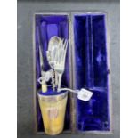 Corkscrews/Wine Collectables: Picnic set, hallmarked silver fork, spoon, bone handled knife,