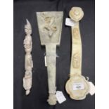 Chinese jade ritual Ruyi belt hangers with young dragon carving on shovel blade, dragon head finial,