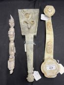 Chinese jade ritual Ruyi belt hangers with young dragon carving on shovel blade, dragon head finial,