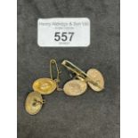 Hallmarked Jewellery: Pair of oval chain cufflinks, and a bar brooch, riding crop and horseshoe