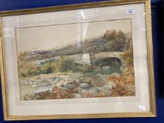 20th cent. British School: Bridge Over River, watercolour on paper, indistinct signature. 19ins. x