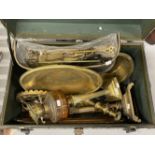 19th/20th cent. Metalware: Mixed Lot to include Corinthian column lamps, brass trays, horse brasses,