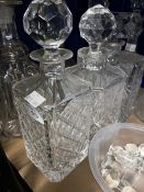 19th/20th cent. Glass and crystal decanters, rectangular hob cut, pair Whisky, ships engraved with