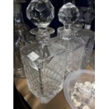 19th/20th cent. Glass and crystal decanters, rectangular hob cut, pair Whisky, ships engraved with