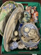 20th cent. Oriental Ceramics: Teapot, small figure, ducks, round dish, blue/white bowls, dishes,