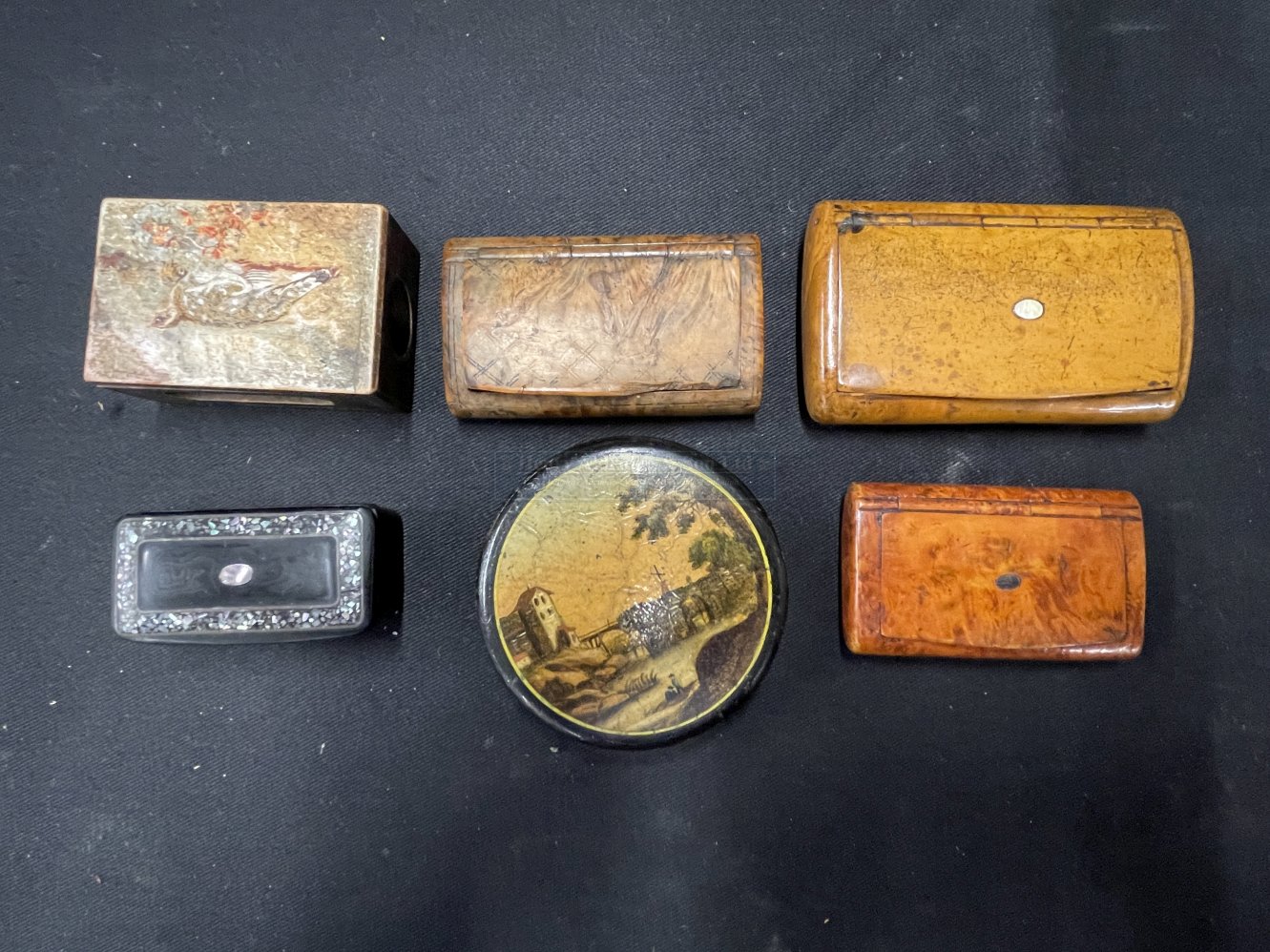 19th cent. Snuff boxes, three treen and two papier mache boxes. (5) Plus matchbox cover.