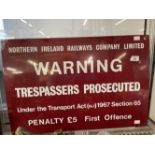 Transport: 20th cent. Northern Ireland Railways red and white enamel sign, red background with white