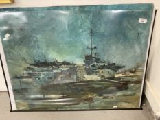 James V. Reynolds: 1980 oil on board, aircraft carrier U.S.S. Guadalcanal, signed and titled