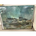 James V. Reynolds: 1980 oil on board, aircraft carrier U.S.S. Guadalcanal, signed and titled