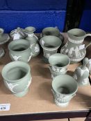 20th cent. Ceramics: Wedgwood and others sage green Jasperware, candlestick holders, two pairs,