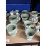 20th cent. Ceramics: Wedgwood and others sage green Jasperware, candlestick holders, two pairs,