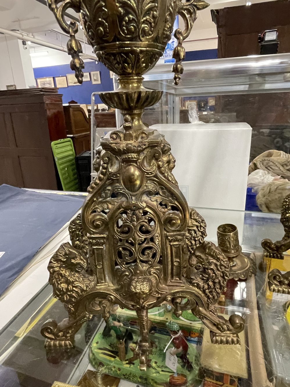 20th cent. Ornate brass candle garniture of five nozzles over decorative bases with rampant lion - Image 2 of 2