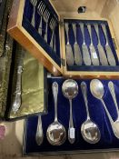 Silver plate soup spoons x 6, fish eaters x 5 pairs, and one knife, plus a set of fish servers.