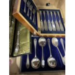 Silver plate soup spoons x 6, fish eaters x 5 pairs, and one knife, plus a set of fish servers.