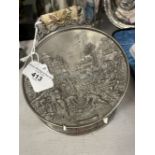 White Metal Furniture: Pewter wall hanging on tapestry trap, the bas-relief scene shows harvesting