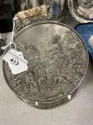 White Metal Furniture: Pewter wall hanging on tapestry trap, the bas-relief scene shows harvesting