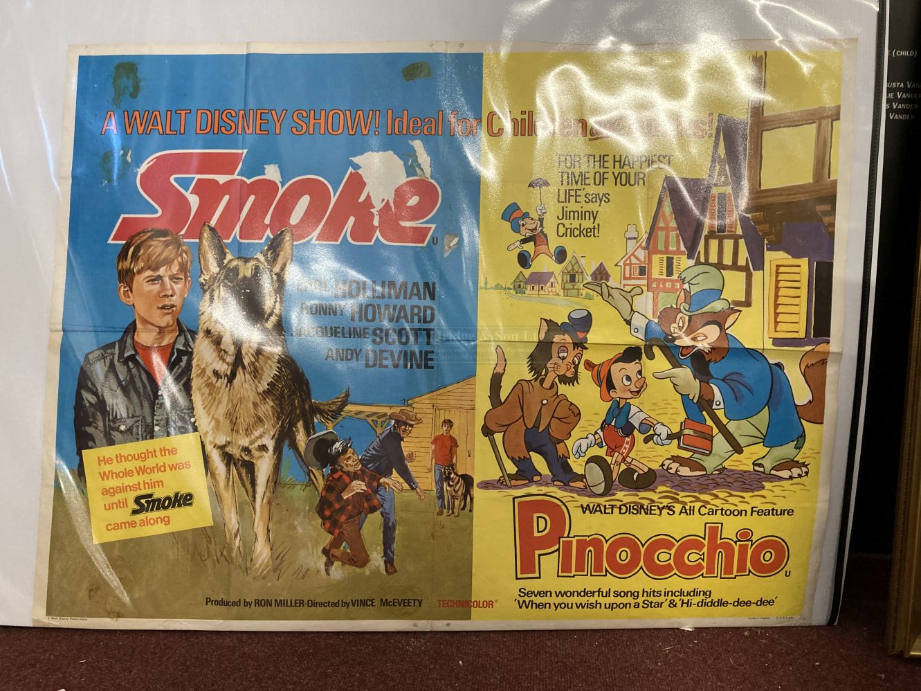 Movies: Walt Disney Film poster for "Smoke and Pinocchio". 40ins. x 30ins. plus Peter Pan (2) 20ins.