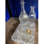 20th cent. Glass: Three ring neck decanter, large quantity of miscellaneous glass decanter