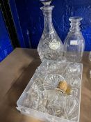 20th cent. Glass: Three ring neck decanter, large quantity of miscellaneous glass decanter