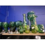 Late 19th/early 20th cent. Green glass decorated with enamel flower lustre 14ins, tapering vases