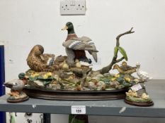 Cold Cast Resin: Country Artists, large Duck family group, 19ins on plinth (minor damage) and a