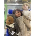 Dolls: Armand Marseille doll 17ins. Plus a quantity of dolls heads and teddy wearing flying suit.