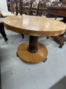 Art Deco circular burr walnut coffee table on single support, with impressed mark 'R' in a