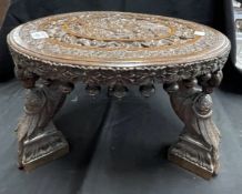 19th cent. Asian hardwood footstool heavily carved from top to bottom with stylised birds and