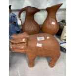 Oriental terracotta jug, and one other. Plus pig, 9ins.