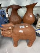 Oriental terracotta jug, and one other. Plus pig, 9ins.