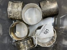 Hallmarked Silver: 19th/20th cent. Napkin rings, non matching. Approx. 4oz. Plus one Chinese.