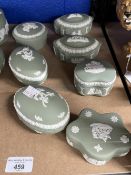 20th cent. Ceramics: Wedgwood sage green Jasperware pin trays, oblong, oval, diamond, heart, club,