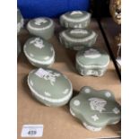 20th cent. Ceramics: Wedgwood sage green Jasperware pin trays, oblong, oval, diamond, heart, club,