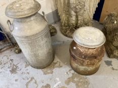 20th cent. Aluminium milk churn. 28ins. Plus a smaller example. 19ins.