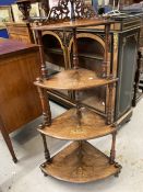 Late 19th cent. Walnut inlaid four tier what not with fretwork top. 49ins.