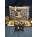 Desk furniture, Sorrento Ware fretwork inlaid book slide, free standing letter rack, plus blotter or