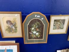 Pam Mullings: Watercolours, Robin in hedgerow 15ins. x 10½ins. Tawny Owl 12ins. x 8ins. Hedgehog 7½