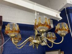 20th cent. Six branch ceiling lights with amber overlay glass shades, a pair. 24ins. Plus a matching