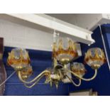 20th cent. Six branch ceiling lights with amber overlay glass shades, a pair. 24ins. Plus a matching