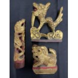 Chinese Art: Gilt wood stylised treen carvings, the largest 6ins. (3)