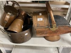 Metal Ware: Copper pan bowl, water can & jug and a copper coal scuttle.