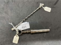 Corkscrews/Wine Collectables: Steel peg and worm with grooved Helix screw and turned shanks and