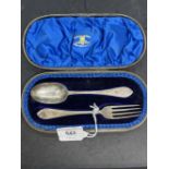 Hallmarked Silver: Child's spoon and fork, cased. Hallmarked London 1893.