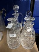 Crystal Glass Decanters: 20th cent. One ewer shaped, a pair with mushroom stoppers, plus one more,