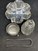 Hallmarked Silver: Victorian salt, Georgian sugar nips, both London hallmarks, a on bon dish with