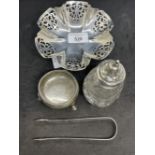 Hallmarked Silver: Victorian salt, Georgian sugar nips, both London hallmarks, a on bon dish with