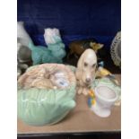 20th cent. Ceramics: Sylvac lily vase, rabbit wall pocket, green dog No. 36, giraffe No. 5234, Keele